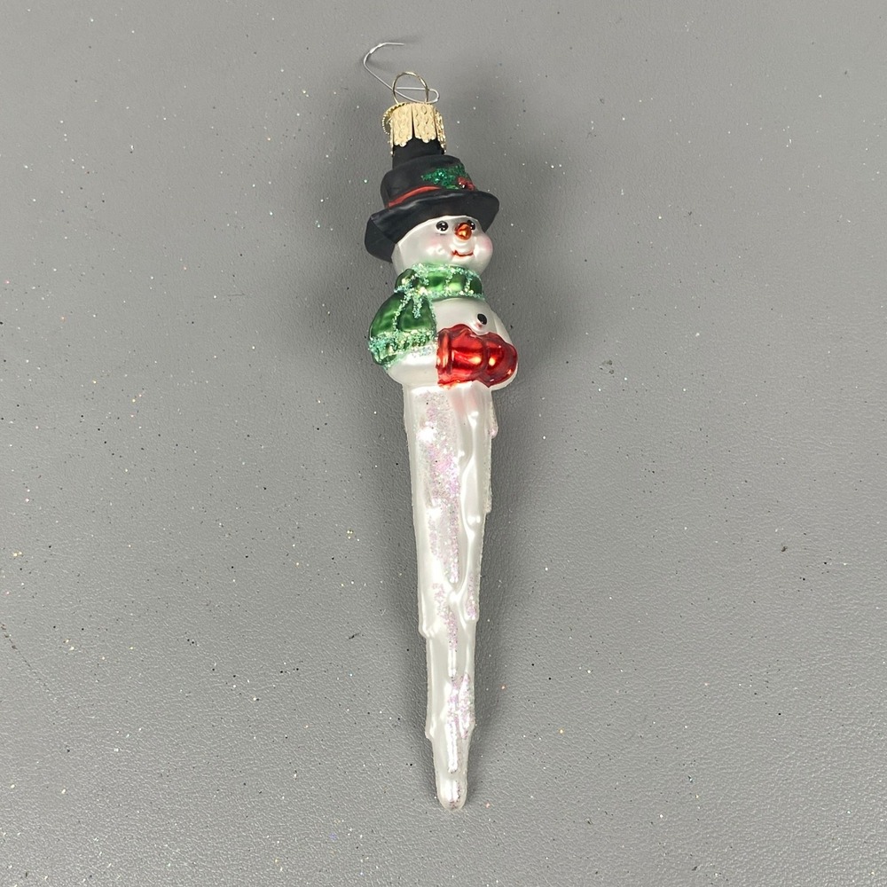Old World Christmas Snowman Icicle Glass Holiday Ornament White Green Red 6.25"